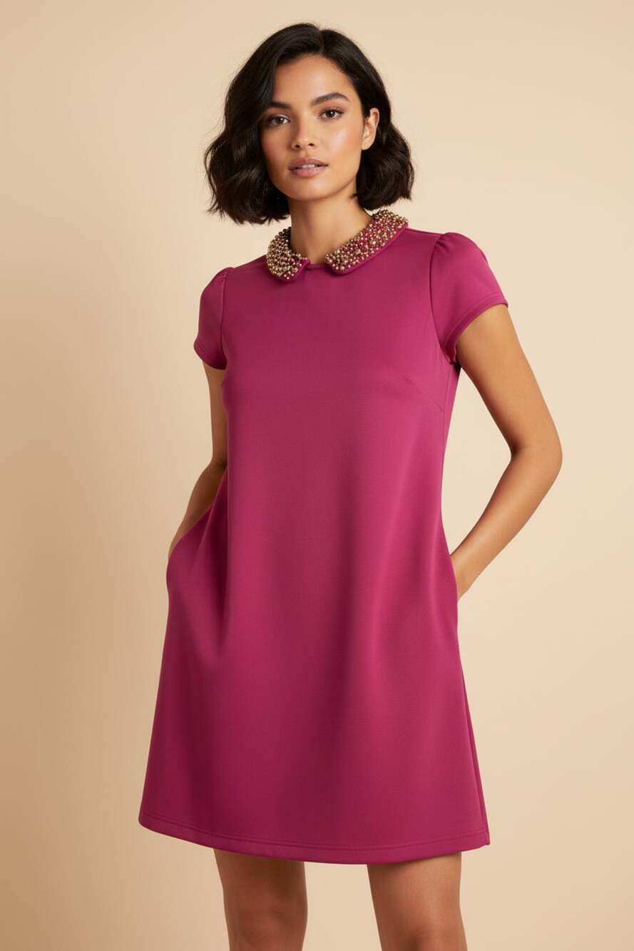 Alice Moon Burgundy Magenta Embellished Peter Pan Collar Shift Mini Dress